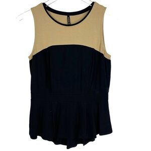 KAREN MILLEN Black & Tan Colorblock Sleeveless Blouse with Peplum Hem Size 10